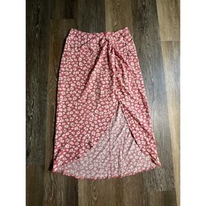 YOZY Midi‎ Skirt Womens L Pink Excellent Floral Daisy Knot Front Tulip Hem